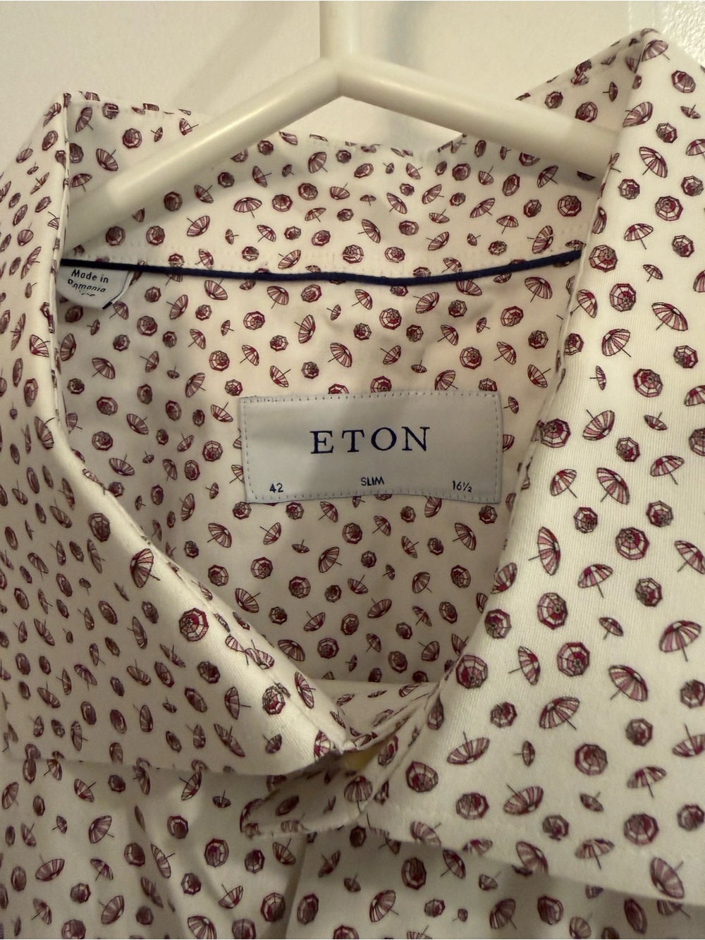 Eton Slim Fit White Shirt with Burgundy Umbrellas Micro Pattern